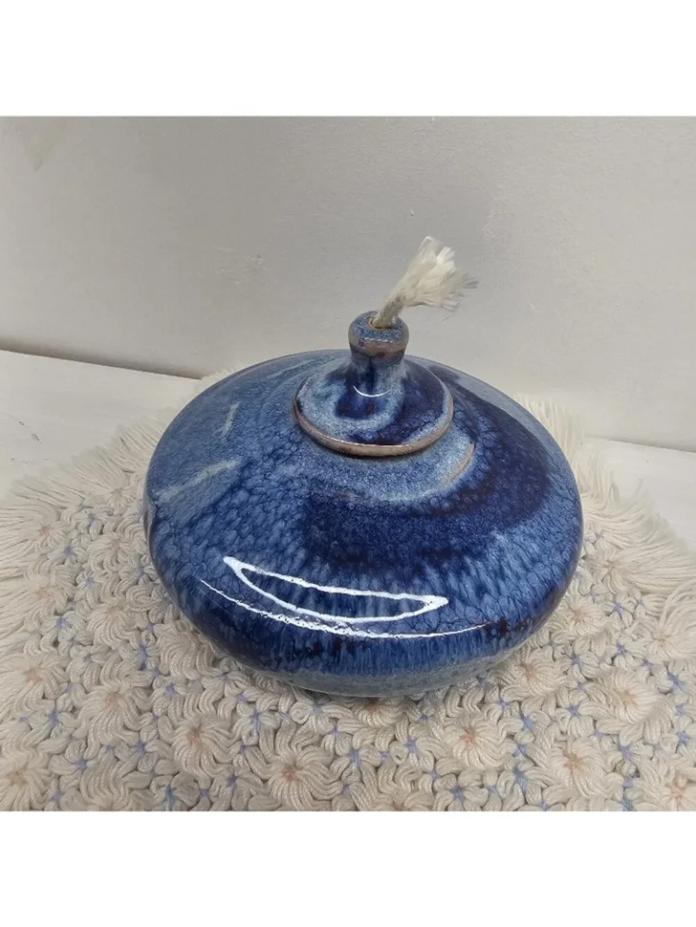 Vintage Studio Art Pottery Oil Lamp Ceramic Blue Drip Glaze Stoneware Unsigned
